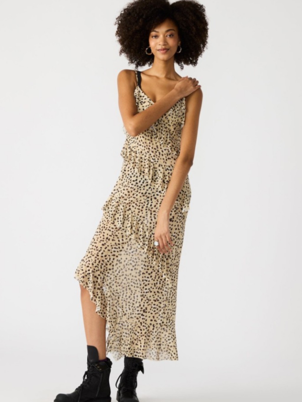 Madden Animal Print Ruffle Dress - Beige/Black Asymmetric Fully Lined V Neck